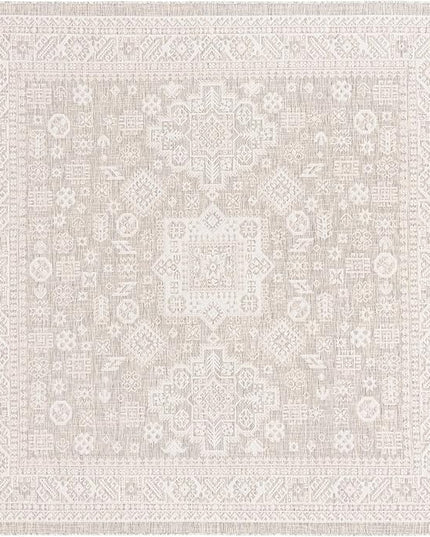 Rugs.com Outdoor Aztec Collection Rug – 8 Ft Square Light Gray Flatweave Rug Perfect for Living Rooms, Kitchens, Entryways