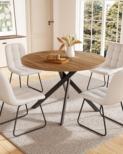 45.3 Inch Round Dining Table Set for 4, Mid Century Modern Small Coffee Set for Dining Room Kitchen Apartment (Light Walnut + 4 U-Shaped White Chairs)