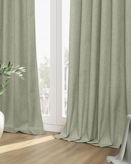 Sage Green Linen Blackout Curtains 80 Inch Length 2 Panels Set for Living Room Bedroom Back Tab Thermal Insulated 100% Black Out Linen Drapes Room Darkening Window Curtains 80 Inches Long