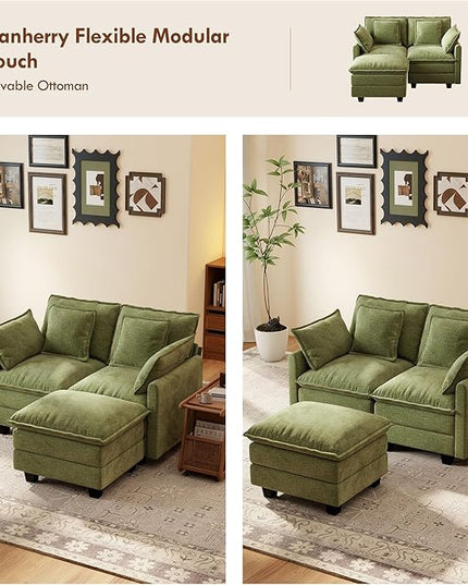 Ihanherry 57" L Shaped Modular Sectional Cloud Sofa, Modern 3 Seat Chenille Couch with Ottoman for Living Room, Bedroom and Apartment, Green
