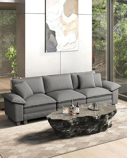 HERA'S HOUSE 124" Modular Sectional Sofa, Oversized Couches for Living Room, Comfy Cloud Couch 3-Seater Deep Seat Sofa with Throw Pillow, Corduroy Grey