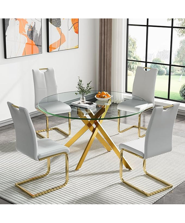 HomVent 5 Piece Round Glass Dining Table Set, Round Glass Kitchen Table Set for 4 with 4 PU Upholstered Dining Chairs for Kitchen Dining Room