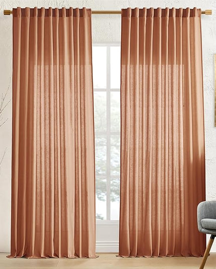 XTMYI 70 Inches Wide Terracotta Country Curtains for Living Room,Sheer Linen Curtains for Bedroom 96 Inches Long
