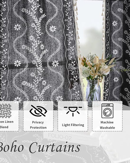 Boho Curtains for Living Room 63 Inches Long Semi Sheer Linen Floral Curtains Vintage Farmhouse Window Curtain 2 Panel Sets for Dining Room Kitchen Black