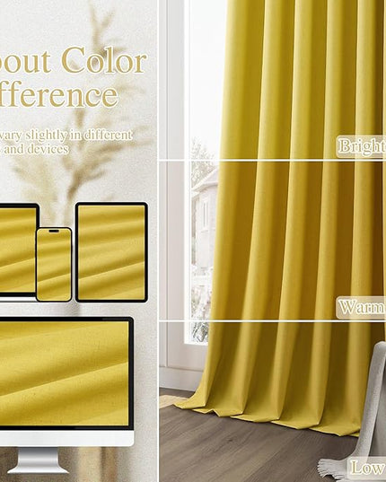 Guken 100% Blackout Curtains 102 Inch Length 2 Panels Set for Living Room Bedroom Back Tab Thermal Insulated Black Out Linen Drapes Room Darkening Celery Yellow,52x102