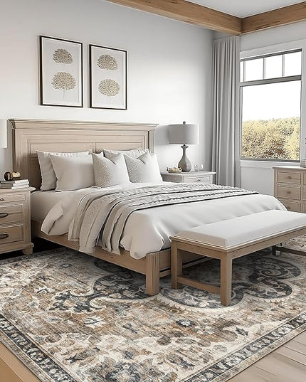 ReaLife Rugs Machine Washable Area Rug Runner - Living Room Bedroom Bathroom Kitchen Entryway Office - Padded Low Pile Stain Resistant Premium - Boho Farmhouse Vintage - Joy - Brown Beige 3' x 5'