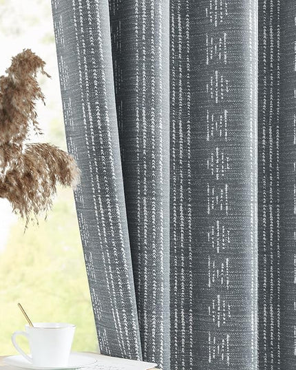jinchan 95% Blackout Boho Curtains 84 Inches Long for Bedroom White on Grey Geometric Printed Grommet Top Room Darkening Thermal Insulated Window Drapes 2 Panels