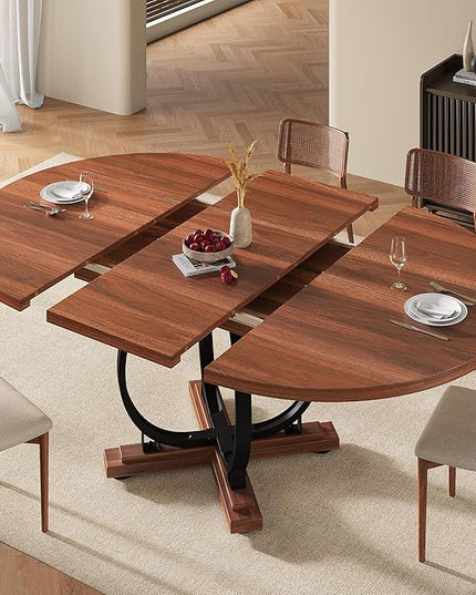 59" Round Extendable Dining Table for 4-6, Modern Oval Kitchen Table with Heavy Duty Curved Legs & Wood X-Based, MDF Board with Spring Buckle, Space Saving, Dining Kitchen Living Room, Walnut
