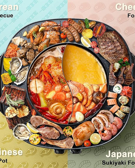 Stariver Hot Pot Electric with Grill 2 in 1, Indoor Korean BBQ & Shabu Shabu, Features Easy-clean Non-stick Coating, Dual Controls, 1800W Fast Heating, Perfect for Family Gatherings or Friends Parties