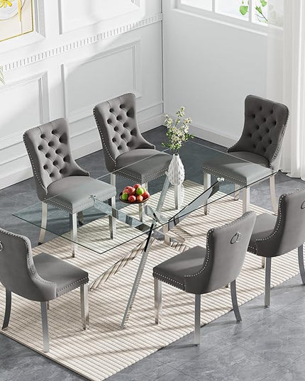 Rectangle Glass Dining Table Set for 6, 60'' Kitchen Table and Chairs Set, 7PCS Modern Dining Room Table Set with 6 Velvet Dining Chair for Home
