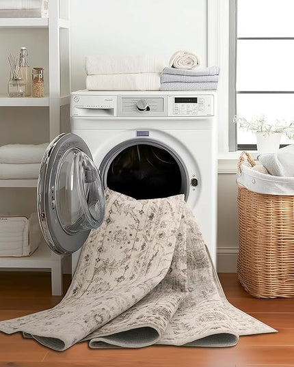 ReaLife Rugs Machine Washable Area Rug Runner - Living Room Bedroom Bathroom Kitchen Entryway Office - Padded Low Pile Stain Resistant Premium - Boho Farmhouse Vintage - Joy - Beige Ivory 2'6" x 8'