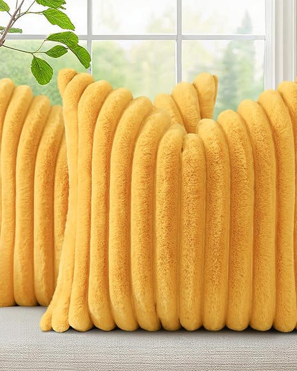 decorUhome Faux Fur Spring Throw Pillow Covers 24x24 Set of 2, Decorative Soft Plush Striped Neutral Couch Euro Pillow Covers with Velvet Back for Sofa, Bed, Living Room Home Decor, Mustard Yellow