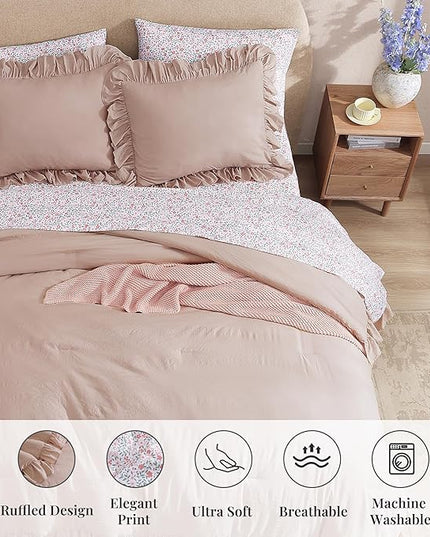 Full Comforter Set - 7 Pieces Ruffle Pink Bedding Sets, Shabby Chic Farmhouse Bed in a Bag Full with Ruffle Comforter, Floral Sheets, Pillowcases & Shams