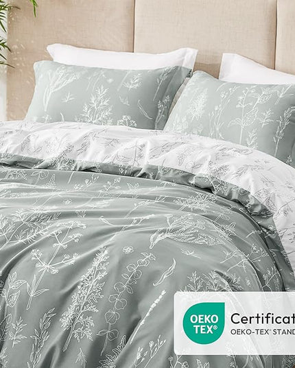 Love's cabin Grey King Comforter Set - King Size Comforter Set, 3 Pieces Cute Floral Bedding Sets for All Seasons,1 Soft Reversible Botanical Flowers Comforter and 2 Pillow Shams