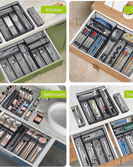 Neudeco Drawer Organizer Set 6 Pack - 5-Compartment Silverware Organizer Tray + 5 Utensil Trays, Kitchen Drawer Organizer for Flatware, Cutlery, Office Supplies, Black Mesh, Non-Slip.