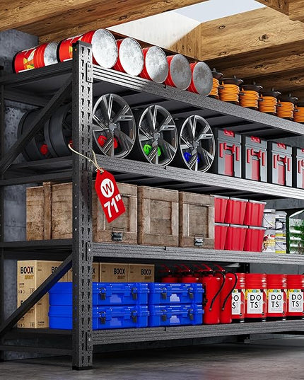 71”W Garage Shelving Units, 5000LBS Storage Shelves Heavy Duty, 24" Deep Metal Shelving Rack, 4 Tier Large Tall Industrial Shelving , Adjustable Standing Shelf for Warehouse / Shop 71"W x 24"D x 70"H