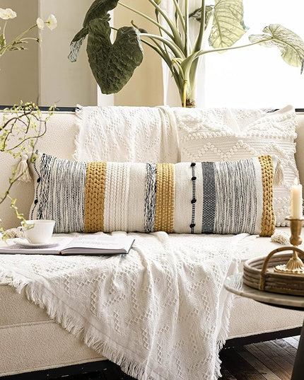 BlissBlush Decorative Lumbar Throw Pillow Cover 14x36 Boho Long Cushion for Bed Yellow Mustard Accent Farmhouse Pillowcase for Bedroom Living Room Couch Sofa Home Décor Cover ONLY