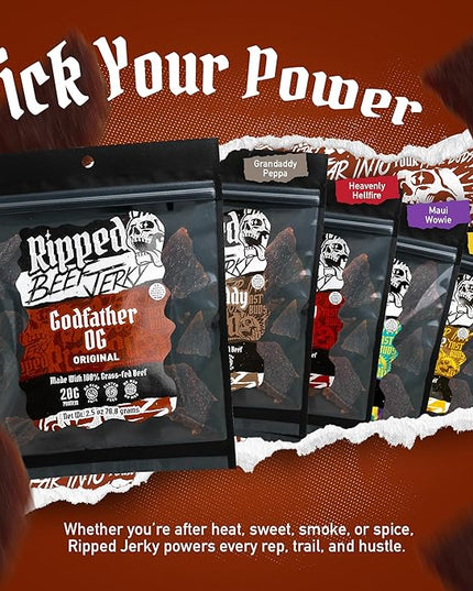 Ripped Beef Jerky - 100% Grass Fed Beef, 20g Protein, Real Ingredients, Gluten Free, No MSG, Made in USA (Pack of 3, Original)