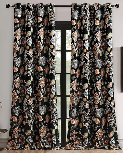 XiDi Dark Black Floral Blackout Curtains 96 Inches Long for Living Dining Room 2 Panels Patterned Curtains Decorative Thermal Insulated Luxury Vintage Flower Botanical Printed Grommet Drapes 52x96
