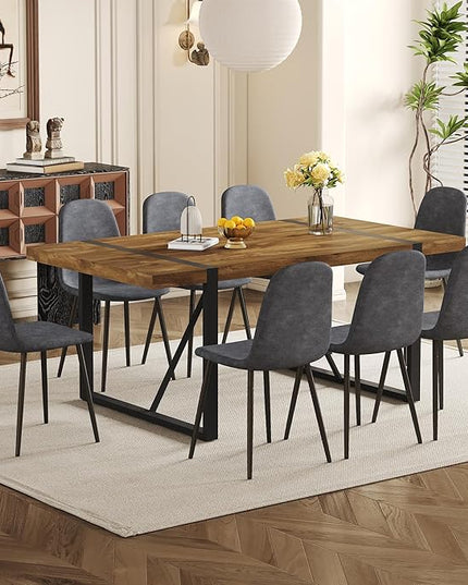 Dining Table Set for 8, 9 Piece Dining Table Set, 71'' Dark Wood Kitchen Table and Suede Nap Fabic Chairs Set of 8, for Kitchen Dining Room