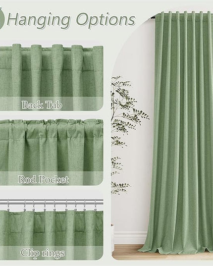 Guken 100% Blackout Linen Curtains 72 Inch Length 2 Panels Set for Living Room Bedroom Back Tab Thermal Insulated Black Out Linen Drapes Room Darkening Window Curtains,Light Sage