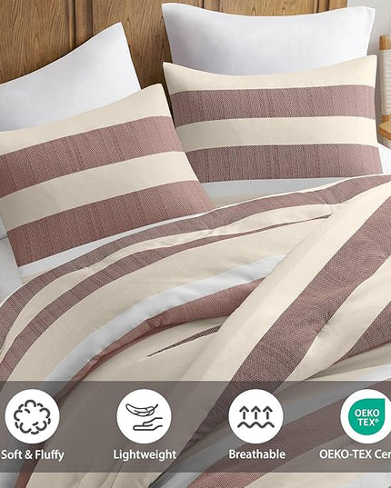 King Comforter Set, 3 Pieces Striped Bed Set, Soft Brushed Microfiber Reversible Bedding Set for All Season, Lightweight & Breathable Bedding Set with Comforter & Shams, Terracotta