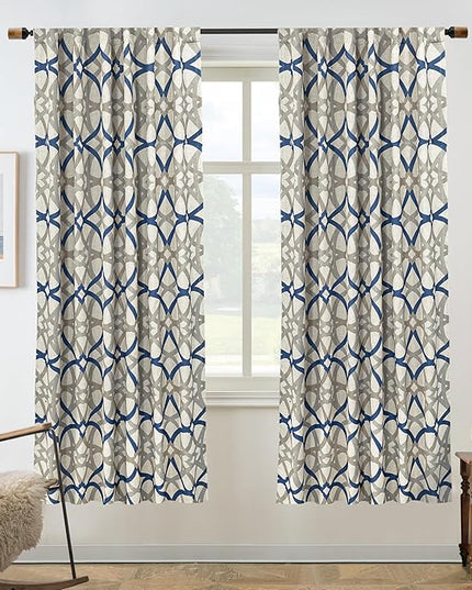 DriftAway Alexander Blackout Curtains for Living Room Linen Blend Pattern Match Thermal Insulated Room Darkening Geo Moroccan Mid Century Back Tab Bedroom Drapes 2 Panels 52 x 63 Inch Linen Navy