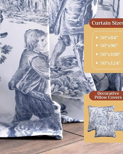 Maison d' Hermine Curtains for Living Room 100% Cotton 108 inch Length Two Panels Light Filtering Toile Curtain with Rod and Loop Pockets Drapes (The Miller Blue (White Background), 50" W x 108" L)