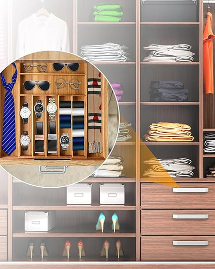 Bellsal Large Premium Acacia Wood Silverware Organizer - Expandable Utensil Drawer Organizer - 17"x19.6" Utensil Holder and Cutlery Tray with Grooved for Kitchen Flatware Utensils(7-9 Slot, Acacia)