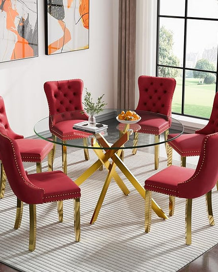 Round Glass Dining Table Set for 6, 47'' Clear Circular Kitchen Table and Chairs Set, 7PCS Modern Circle Dining Room Table Set with 6 Velvet Dining Chair for Home