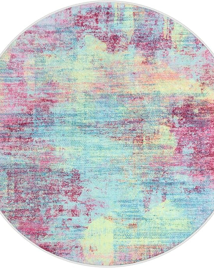 IOHOUZE Round Area Rug 3 Ft Circle Entryway Rugs Round Washable Door Mat Indoor Entrance, Non Slip Circle Front Door Rug, Printed Abstract Faux Wool Floor Carpet for Foyer Porch Sink, Pink Teal