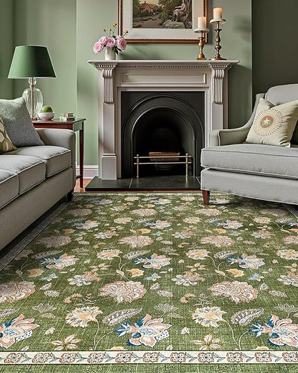 jinchan Elora 8x10 Floral Rug for Living Room Washable Bedroom Rug Vintage Romance Christmas Design Non Slip Thin Indoor Floor Cover Large Low-Profile Throw Carpet for Dining Room Office, Green