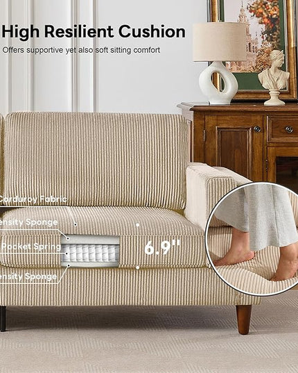 Tbfit 85" Corduroy Couch for Living Room, 3 Seater Mid Century Modern Sofa with Spring Cusions & Extra Deep Seat for Bedroom, Small Comfy Upholstered Couches Easy Assembly with Solid Wood Legs, Beige