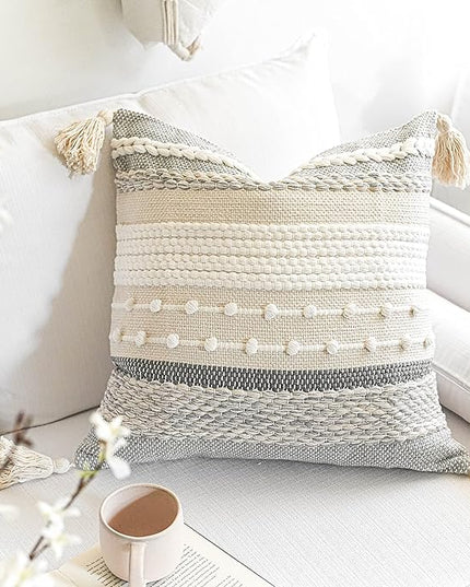 BlissBlush Gray Boho Throw Pillow Cover 18x18 Grey Decorative Accent Pillow for Couch Square Woven Textured Pillowcase Modern Farmhouse Pillow for Bed Bohemian Pillow Cover (Pack of 1)