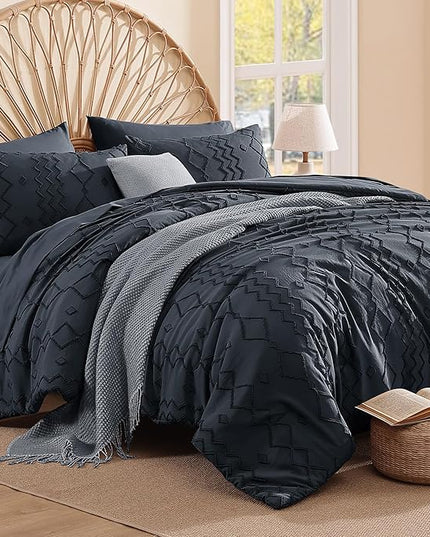 King Size Comforter Set Navy Blue, Tufted Boho Bedding Farmhouse Bed Set, All Season 7 Pieces Bed in a Bag with Sheets, Pillowcases & Shams