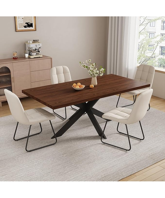 5-Piece Dining Table Set with 51"-67" Extendable Walnut Wood Table and 4 White PU Leather Chairs, Modern Rectangular Kitchen Table Set with Metal Legs, Space Saving Dining Room Furniture for 4