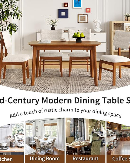 5-Piece Wooden Dining Set Mid-Century Modern Dinner Table and 4 Upholstered Chairs Rectangular Table with Chairs Set Rubberwood Legs Linen Padded Seat & Backrest for Dining Room Kitchen Apartment