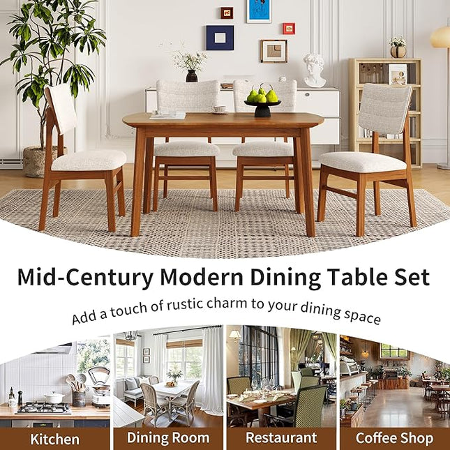5-Piece Wooden Dining Set Mid-Century Modern Dinner Table and 4 Upholstered Chairs Rectangular Table with Chairs Set Rubberwood Legs Linen Padded Seat & Backrest for Dining Room Kitchen Apartment