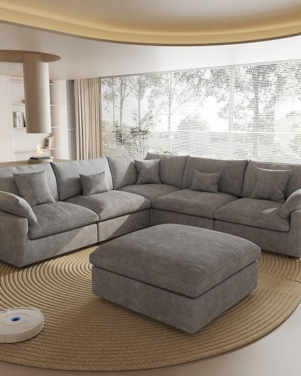 Modular Sectional Sofa Couch, 119.29" V Shaped Modular Couch with Ottoman, Down Filled Convertible Sofa for Living Room, 6 Seat Wide Couches,Cushion Covers Removable,Gray