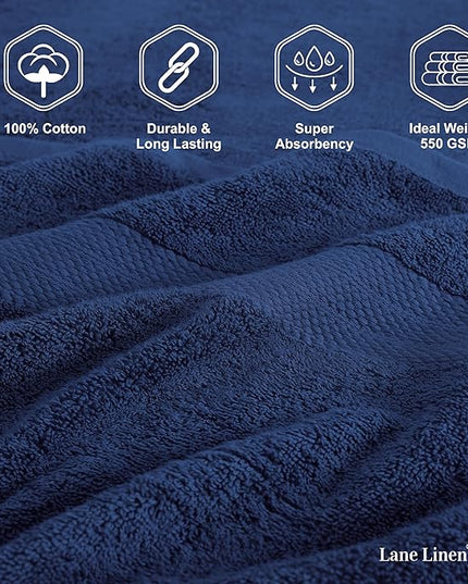 LANE LINEN 100% Cotton Luxury Towel Set for Bathroom - 16 Pieces, Ring Spun - Plush, Soft & Highly Absorbent - 4 Shower Towels, 8 Washcloths, 4 Hand Towels - Complete Bathroom Towel Set - Navy Blue