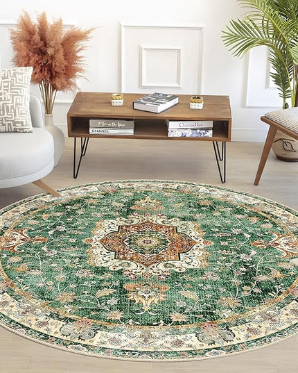 Green Round Rug 5ft, Circle Boho Area Rugs for Bedroom Living Room Bedside,Washable Vintage Bohemian Distressed Oriental Floral Carpet Non Slip,Retro Sage Floral