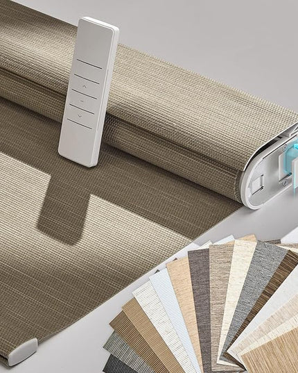 Persilux Smart Motorized Blinds with Remote, No Drill Automatic Roller Shades for Indoor Windows, Light Filtering Linen Fabric, Electric Blinds for Windows, Weave Caribou C162-5, Custom Size