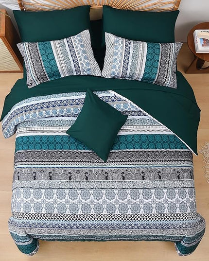 Cottolester Boho Comforter Set King Size,8 Pieces Emerald Green Bohemian Striped Bed in a Bag,Paisley Soft Microfiber Bedding Comforter Set