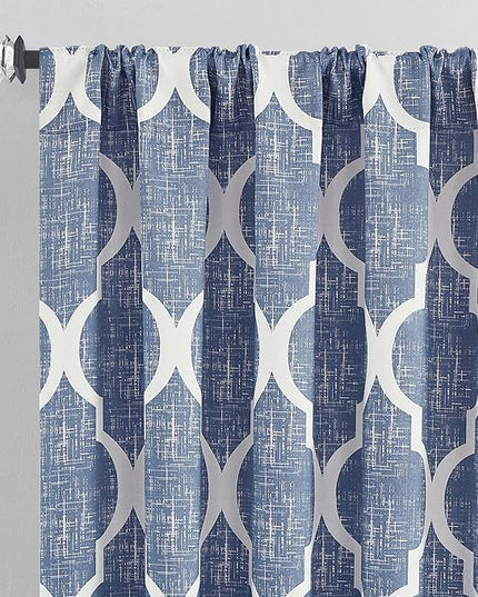 Beauoop 100% Blackout Curtains 84 Inches Long 2 Panels for Bedroom Living Room Blue Moroccan Geo Room Darkening Thermal Insulated Soundproof Rod Pocket Back Tab Window Treatments Drapes, 50x84