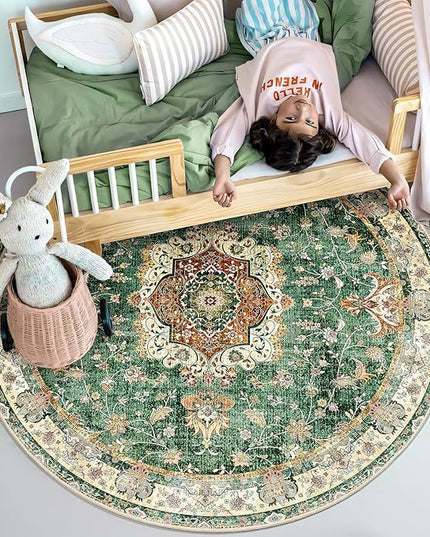 Green Round Rug 4ft,Circle Washable Area Rugs for Bedroom Bathroom Entryway Kitchen,Small Boho Vintage Bohemian Distressed Oriental Floral Carpet Non Slip,Retro Sage Floral