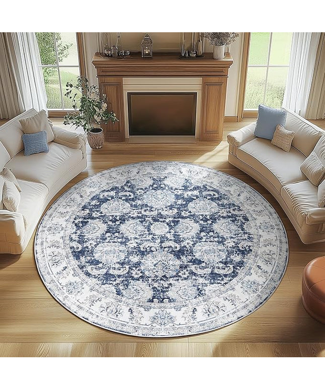 jinchan Fiora Round Rug 8ft Area Rugs Vintage Floral Distressed Design Machine Washable Non-Slip Low-Pile Ultra-Thin Circle Rug for Living Room Dining Room Bedroom Farmhouse (8' Round, Dark Blue)