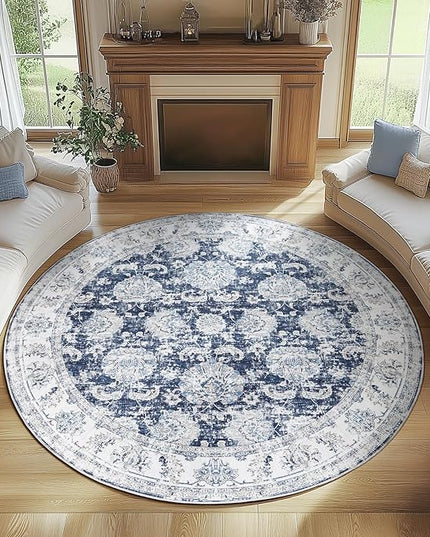 jinchan Fiora Round Rug 7ft Area Rugs Vintage Floral Distressed Design Machine Washable Non-Slip Low-Pile Ultra-Thin Circle Rug for Living Room Dining Room Bedroom Farmhouse (7' Round, Dark Blue)