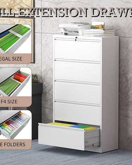 5 Drawer Lateral File Cabinet with Lock, Metal File Cabinet, Lateral File Cabinets for Home Office, Heavy Duty File Storage Cabinet for Legal/Letter/A4 Document, Assembly Required, White