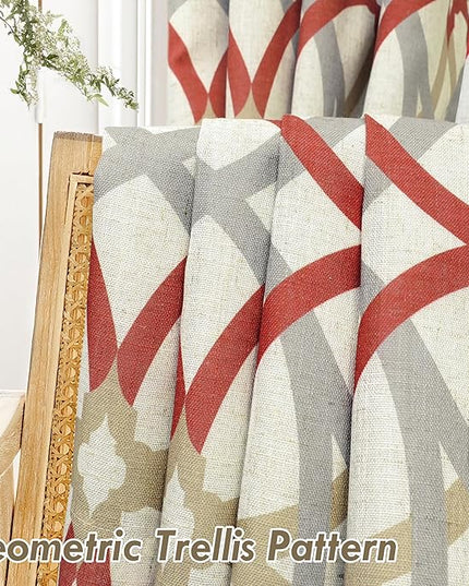 DriftAway Alexander Blackout Curtains for Living Room Linen Blend Pattern Match Thermal Insulated Room Darkening Geo Moroccan Mid Century Back Tab Bedroom Drapes 2 Panels 52 x 63 Inch Linen Red