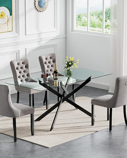 Modern 5-Piece Glass Dining Table Set for 4, Modern 60" Rectangle Black Glass Dining Room Table Set with Grey Velvet Tufted Chairs Wood Legs for Kitchen Dining Room